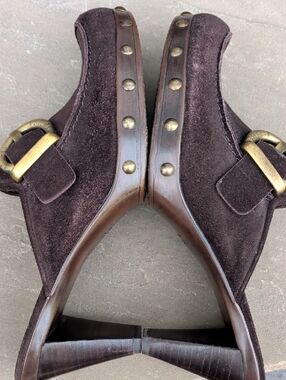 Stuart Weitzman Women's Dark Chocolate Suede Clog Loafers with Brass Buckle